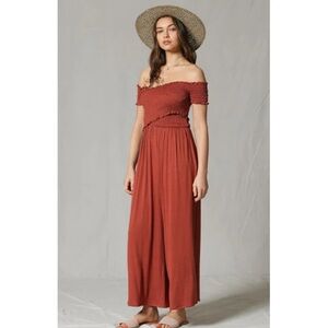 Terracotta Smocked Ruffle Wide-Leg Short Sleeve Jumpsuit Boho Festival Chic